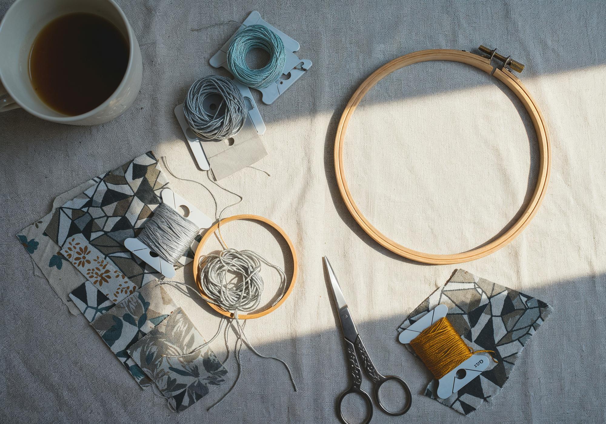Embroidery studio workspace with hoop and threads